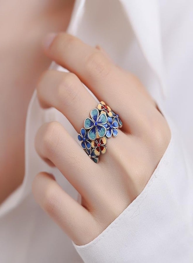 HAIXIAN Sterling Silver Fashion Rose Peony Flower Statement Band Ring, Thick Silver Plated Dainty Colorful Floral Enamel Band Ring Jewelry for Women (Adjustable) - Image 2